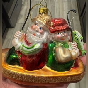 Vintage Santa and Mrs. Claus fishing Glass Ornament